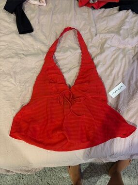 PacSun Red Halter Tie-Front Crop Top with Scalloped Edge